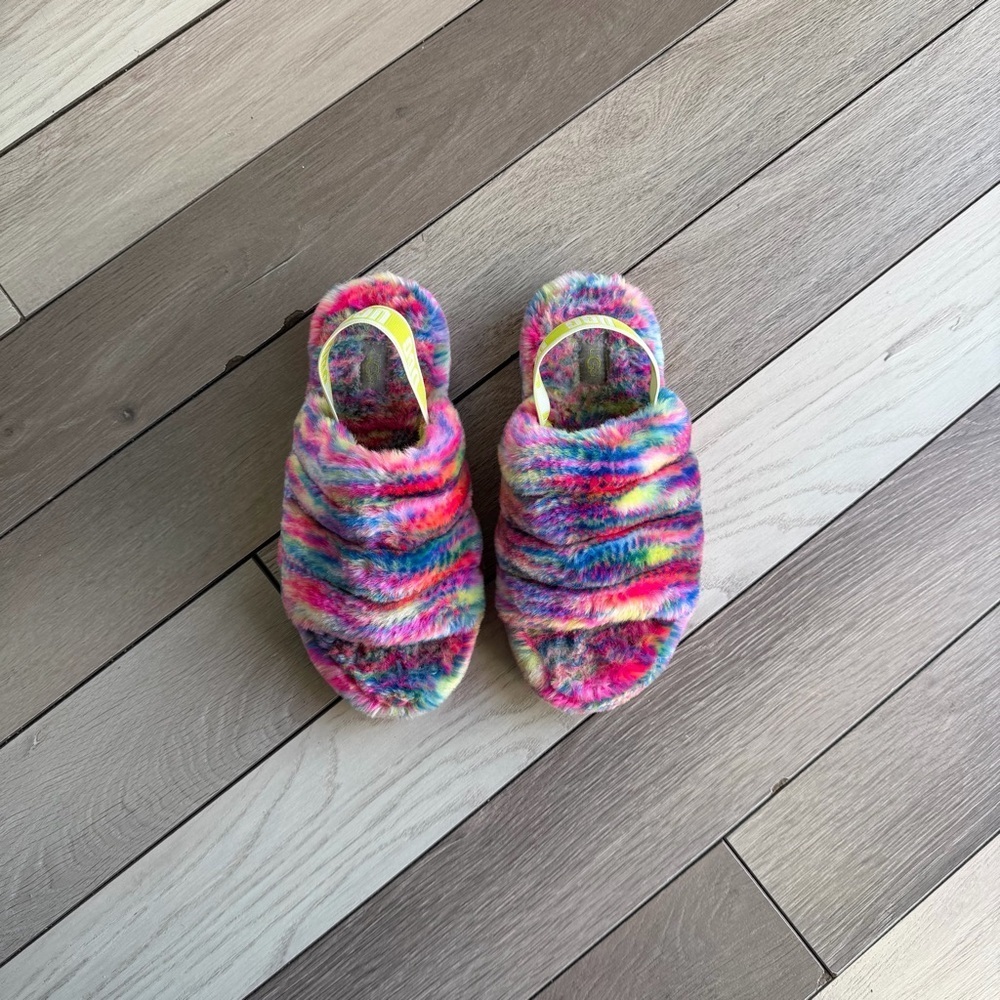 UGG Women's Fluff Yeah Pixelate Slide slippers in a multicolor pattern.